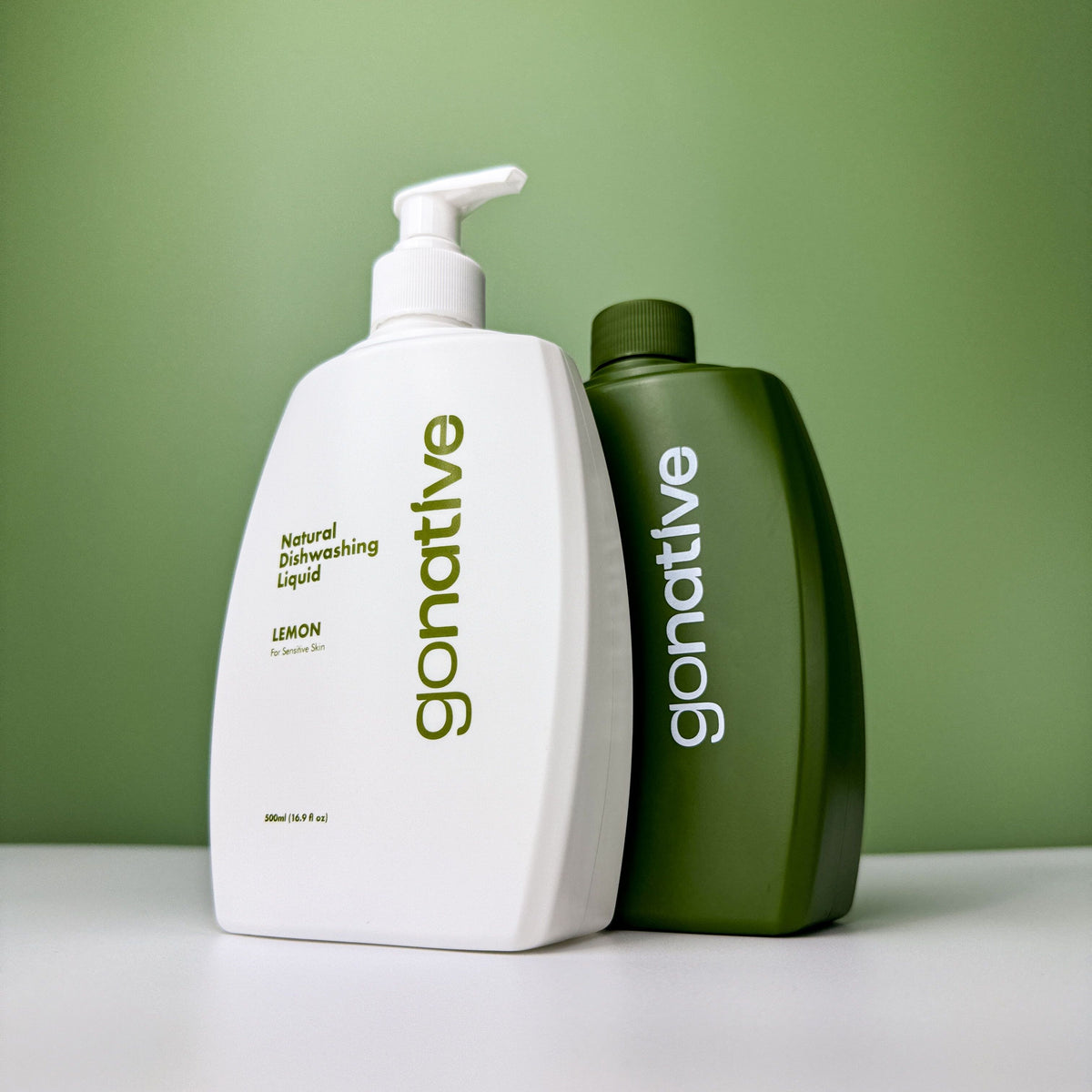 GoNative natural dishwashing liquid, lemon, 2-pack of 500ml bottles (white pump bottle and green bottle), gentle on sensitive skin